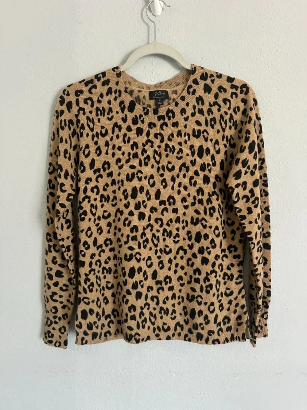 J.Crew 100% Cashmere Leopard Print Sweater Women's S Tan Black Crew Neck Luxury